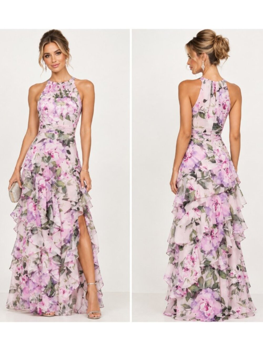 New Xscape Floral Pink Chiffon Halter Ruffled Prom Party Gown Maxi Dress